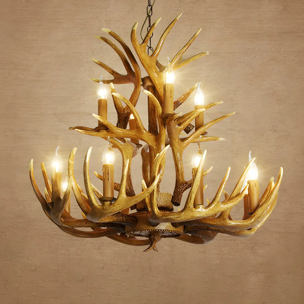 Lustre candélabre rustique unique en résine avec bois de cerf
