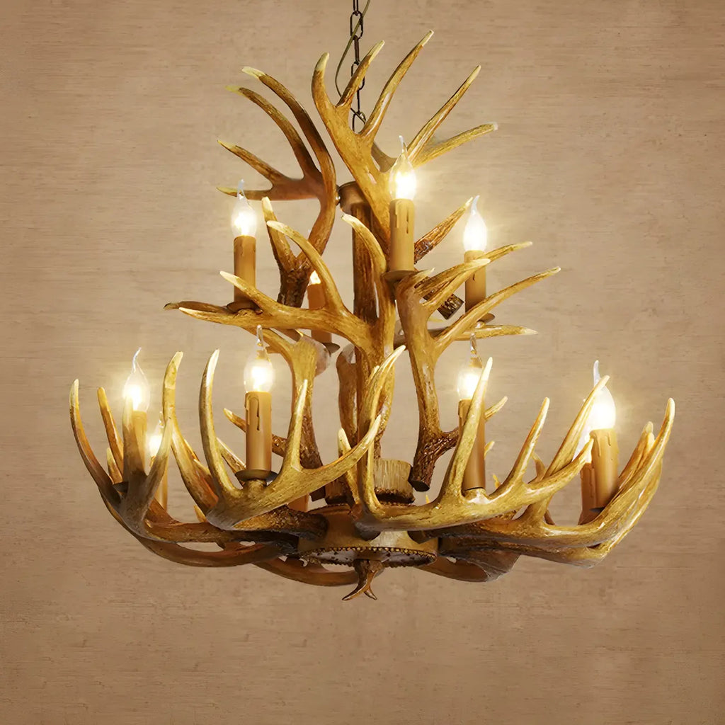 Lustre candélabre rustique unique en résine avec bois de cerf