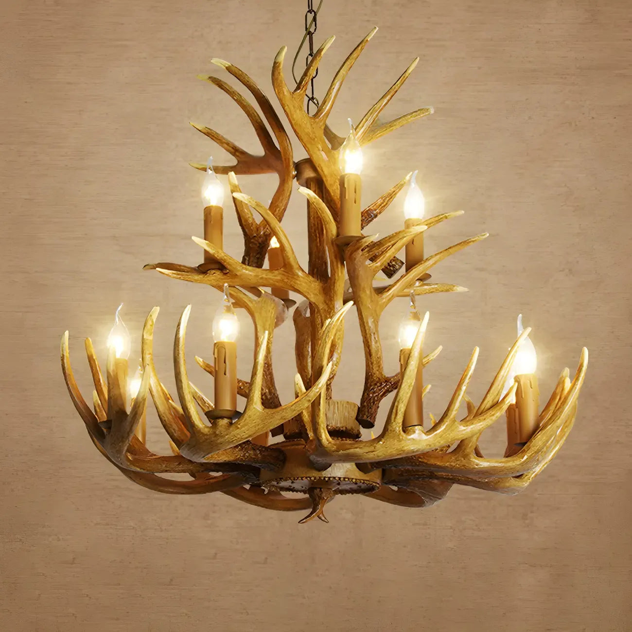 Lustre candélabre rustique unique en résine avec bois de cerf