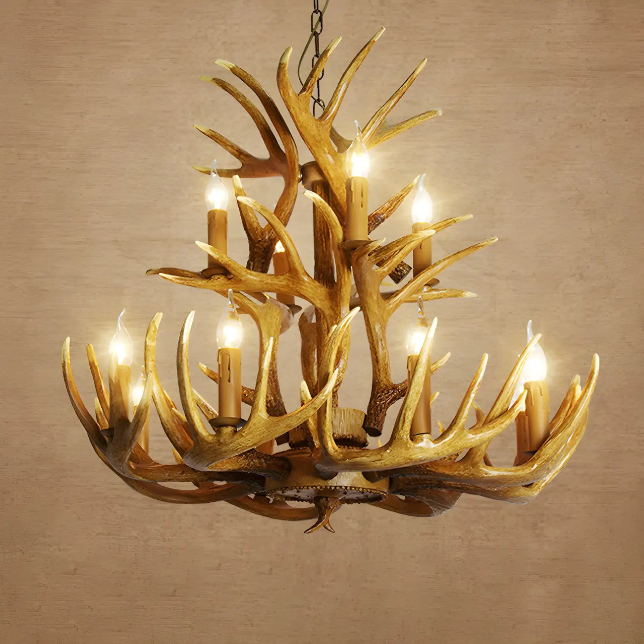Lustre candélabre rustique unique en résine avec bois de cerf
