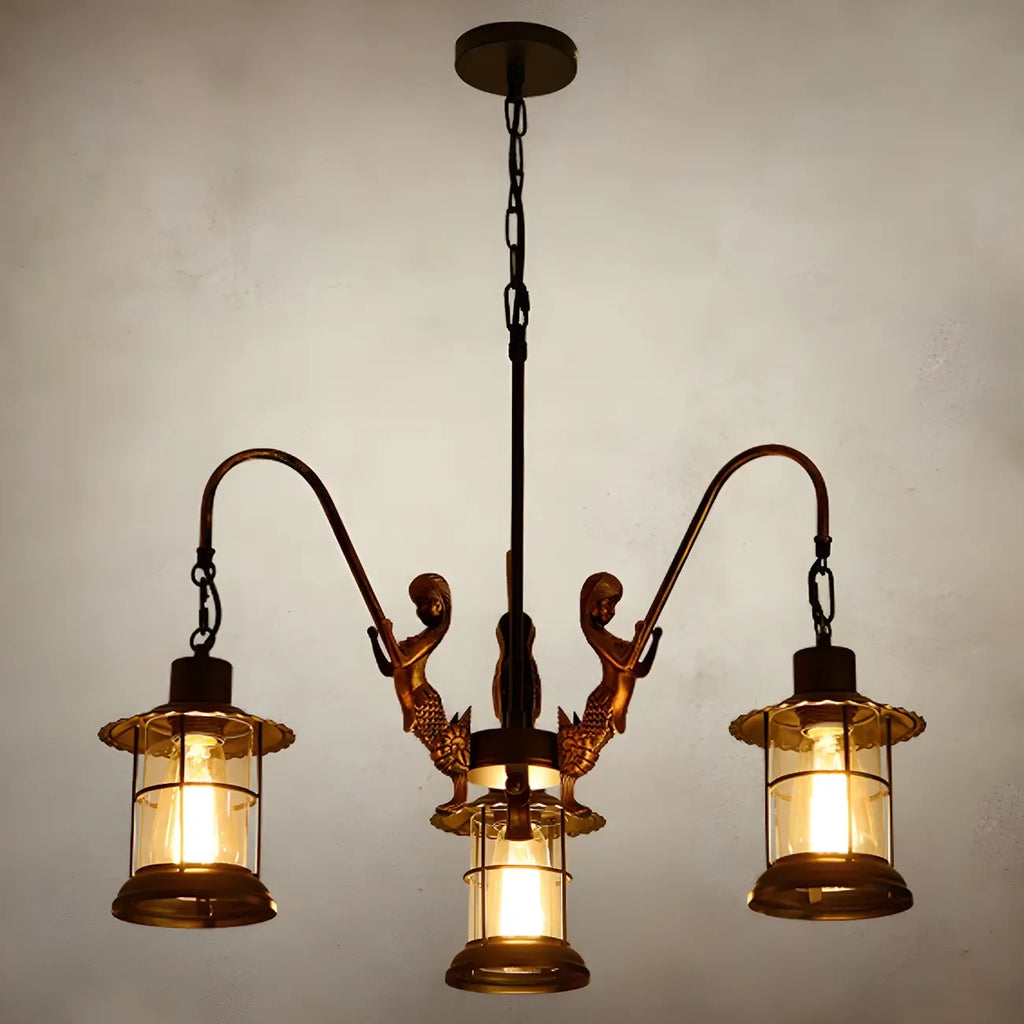 Lustre industriel en métal noir, lanterne en forme de roue.