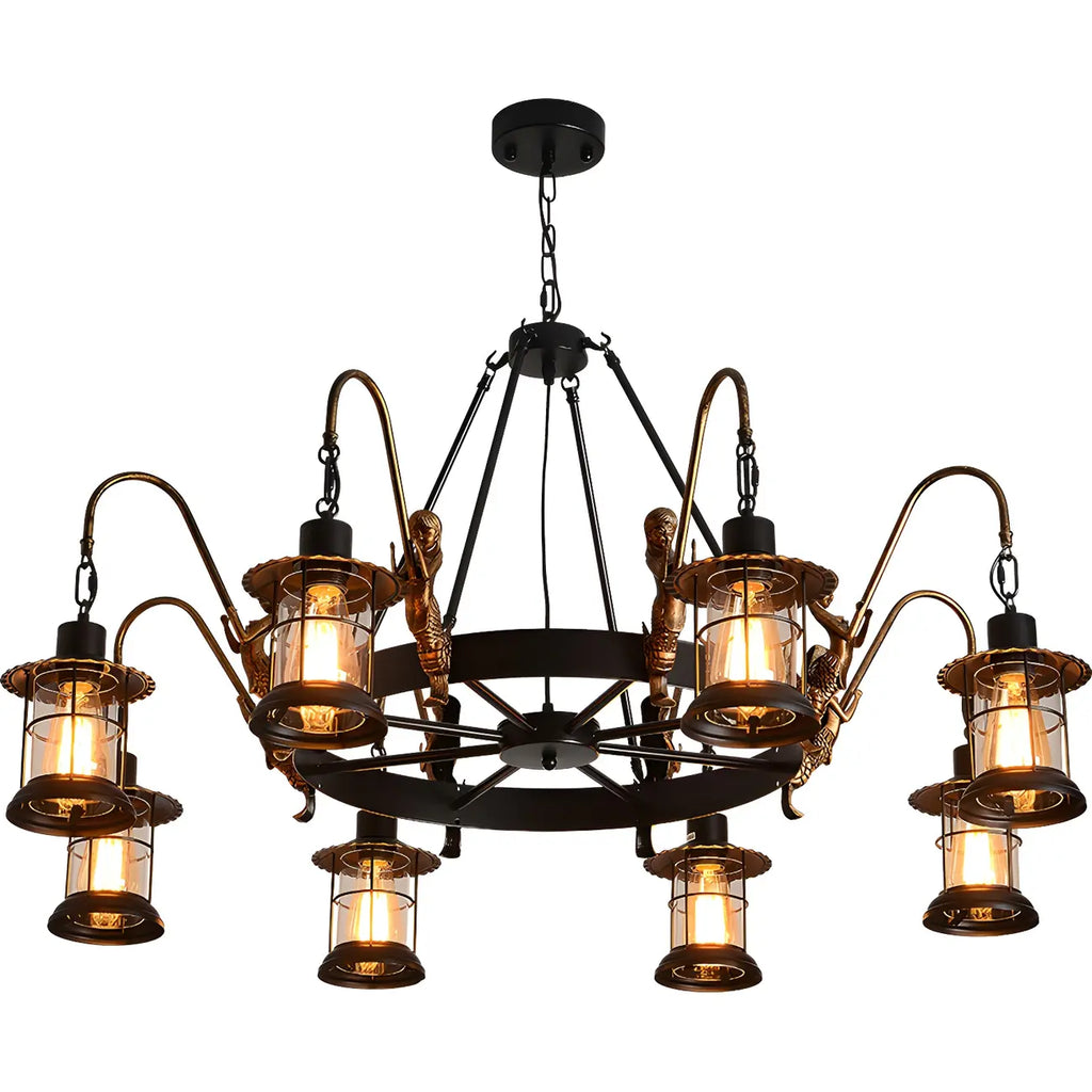 Lustre industriel en métal noir, lanterne en forme de roue.