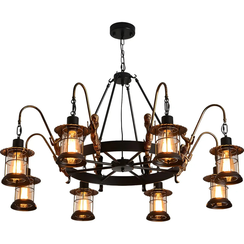 Lustre industriel en métal noir, lanterne en forme de roue.