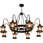 Lustre industriel en métal noir, lanterne en forme de roue.