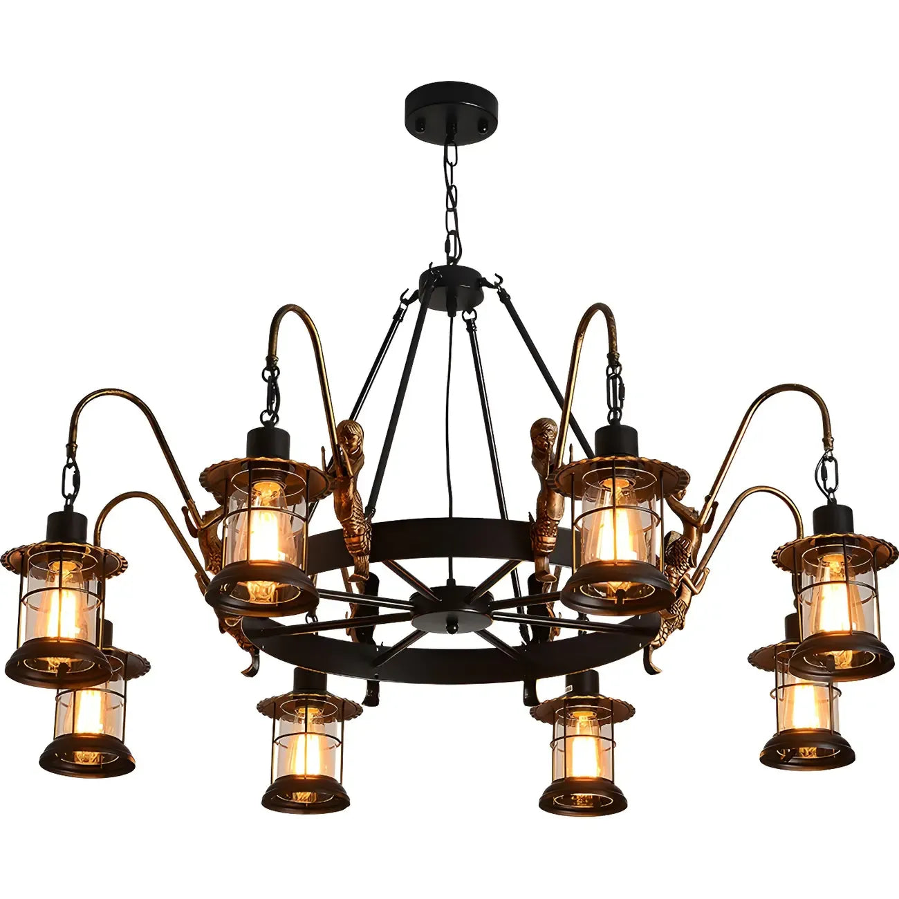 Lustre industriel en métal noir, lanterne en forme de roue.