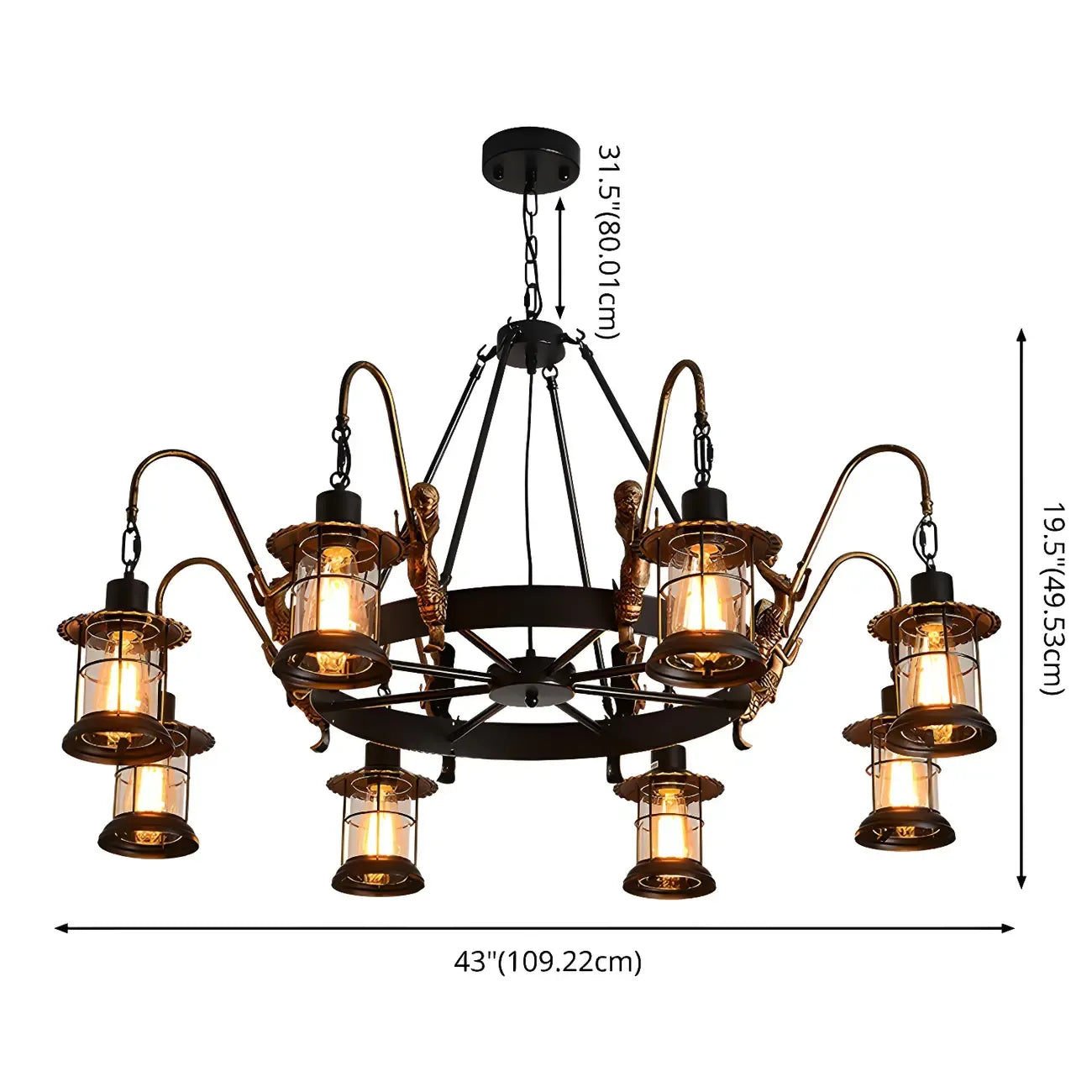Lustre industriel en métal noir, lanterne en forme de roue.