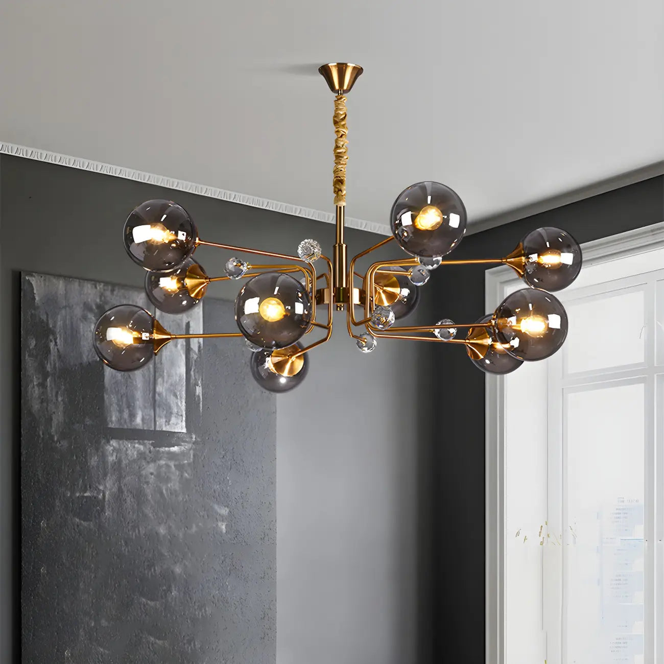 Lustre globe en verre moderne du milieu du siècle à 8 lumières