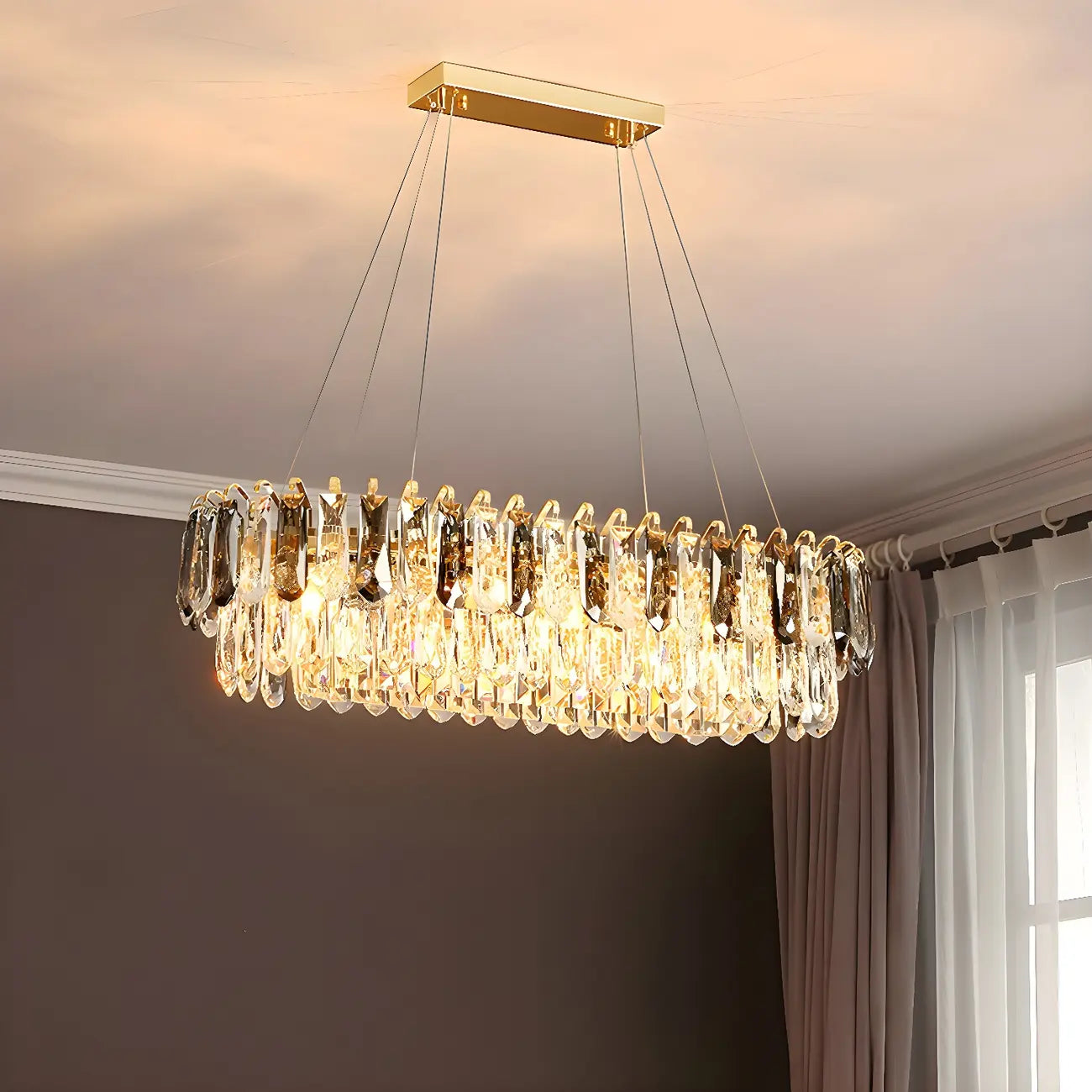 Suspension moderne à deux niveaux en cristal doré avec éclairage LED pour îlot de cuisine