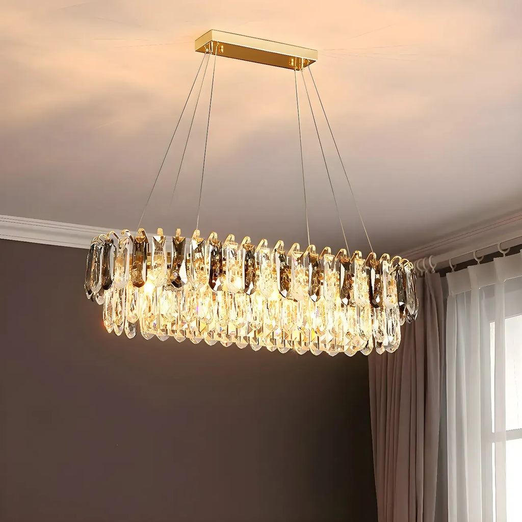 Suspension moderne à deux niveaux en cristal doré avec éclairage LED pour îlot de cuisine