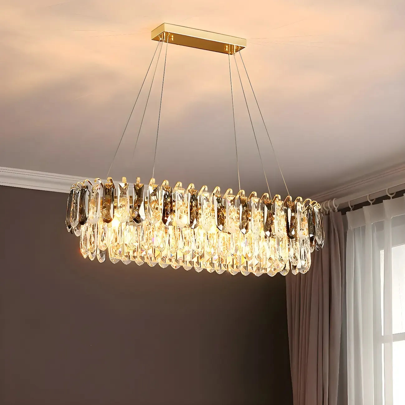 Suspension moderne à deux niveaux en cristal doré avec éclairage LED pour îlot de cuisine