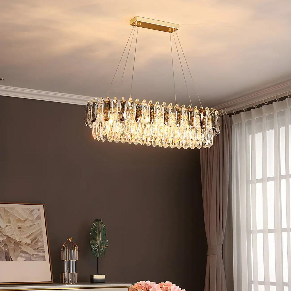 Suspension moderne à deux niveaux en cristal doré avec éclairage LED pour îlot de cuisine