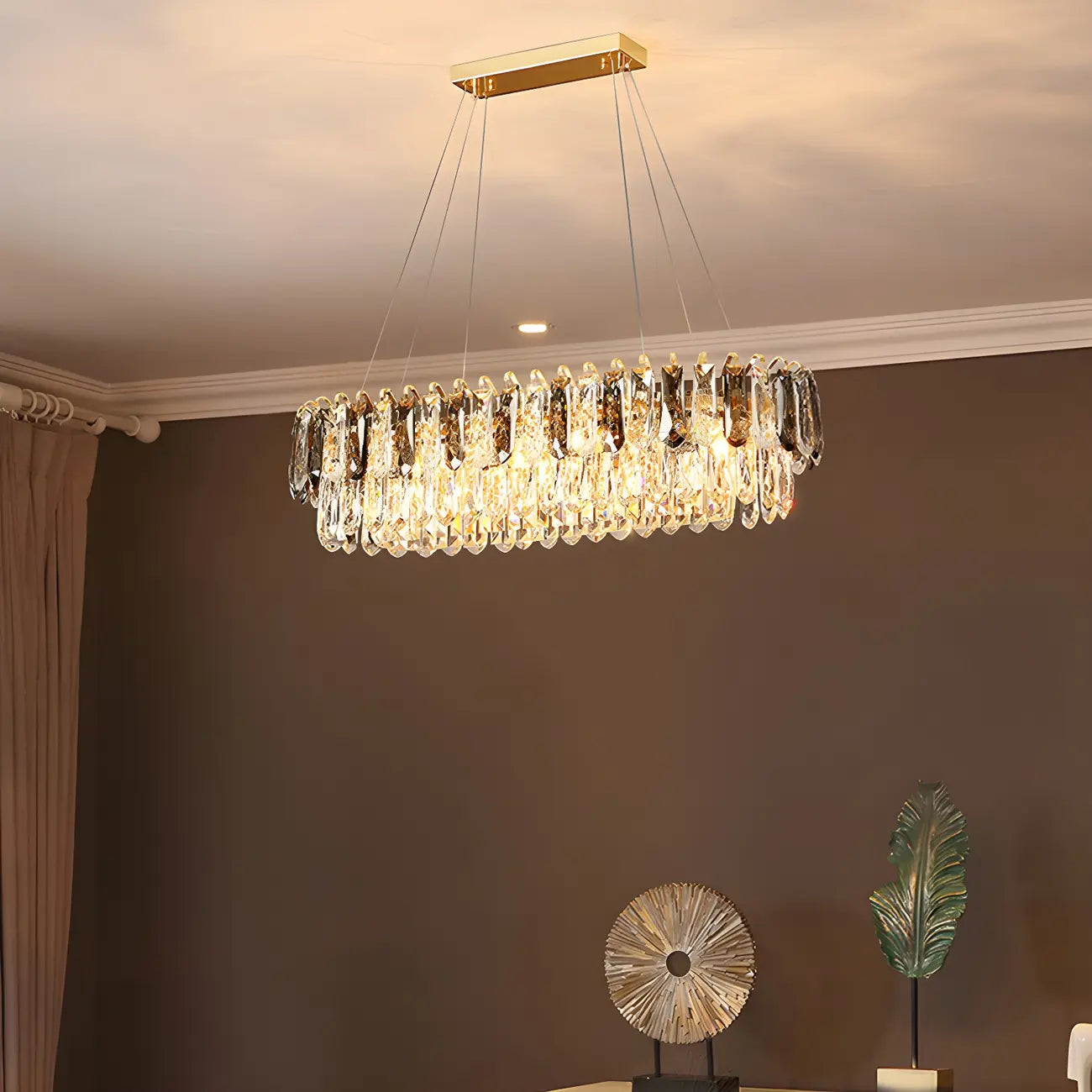 Suspension moderne à deux niveaux en cristal doré avec éclairage LED pour îlot de cuisine