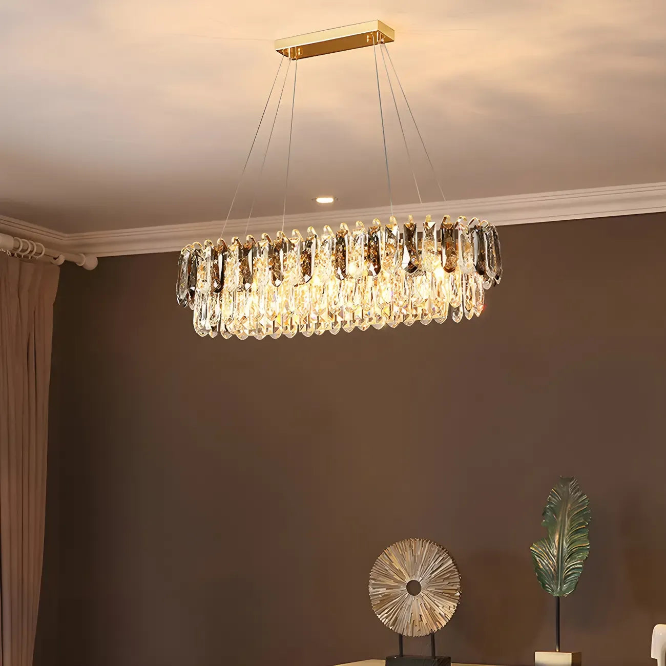 Suspension moderne à deux niveaux en cristal doré avec éclairage LED pour îlot de cuisine