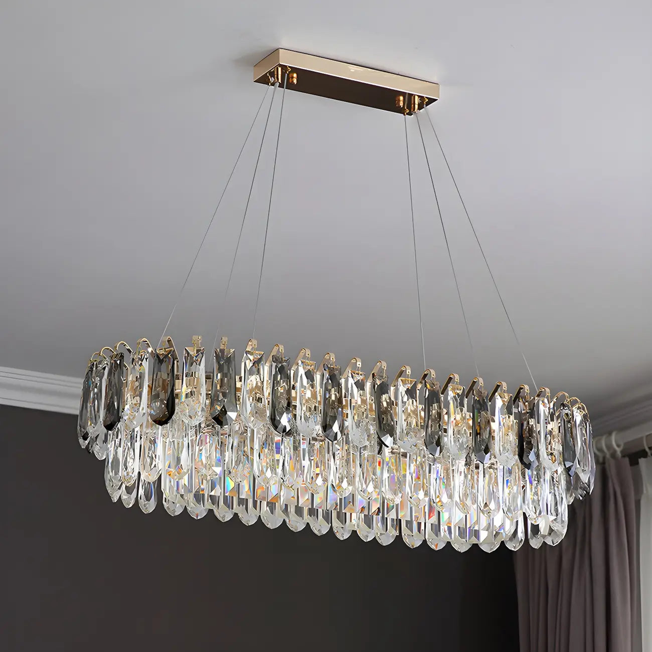 Suspension moderne à deux niveaux en cristal doré avec éclairage LED pour îlot de cuisine