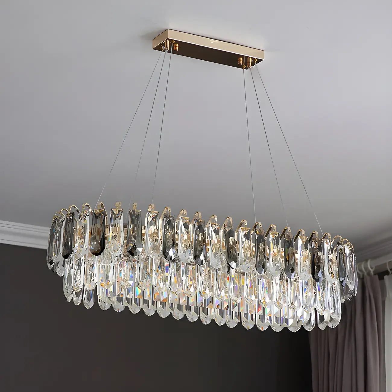 Suspension moderne à deux niveaux en cristal doré avec éclairage LED pour îlot de cuisine