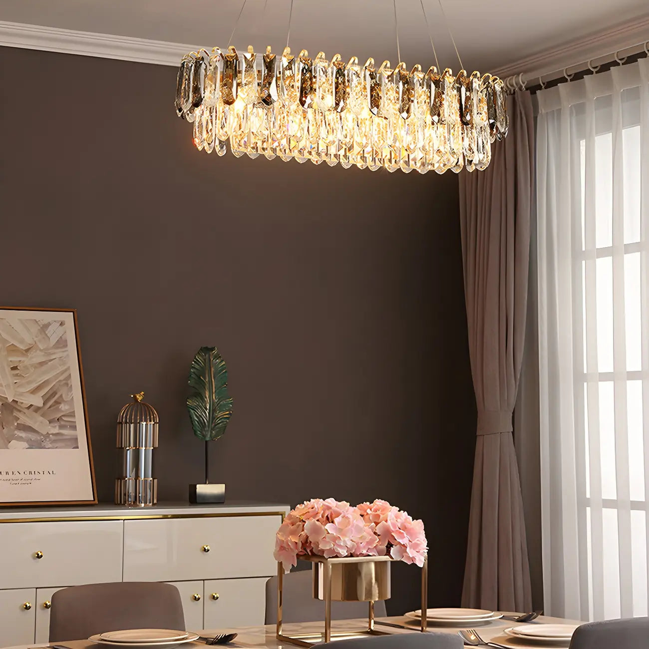 Suspension moderne à deux niveaux en cristal doré avec éclairage LED pour îlot de cuisine