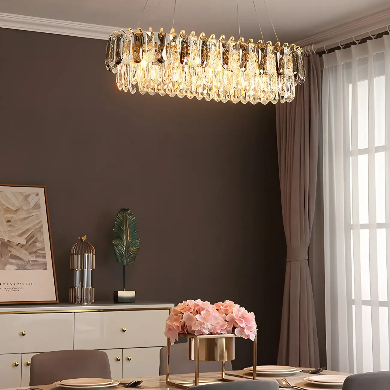 Suspension moderne à deux niveaux en cristal doré avec éclairage LED pour îlot de cuisine