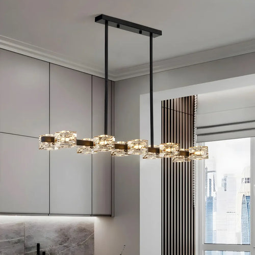 Lustre rectangulaire en cristal doré/noir réglable pour îlot central