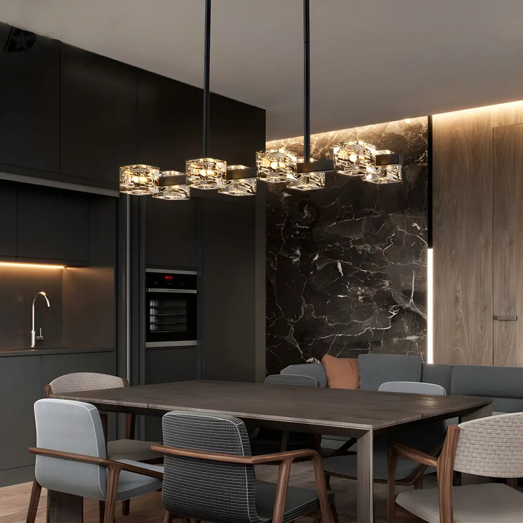 Lustre rectangulaire en cristal doré/noir réglable pour îlot central