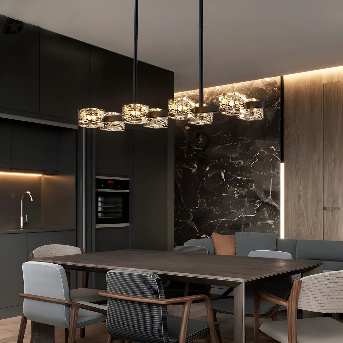 Lustre rectangulaire en cristal doré/noir réglable pour îlot central