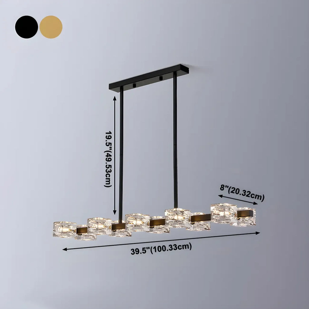 Lustre rectangulaire en cristal doré/noir réglable pour îlot central