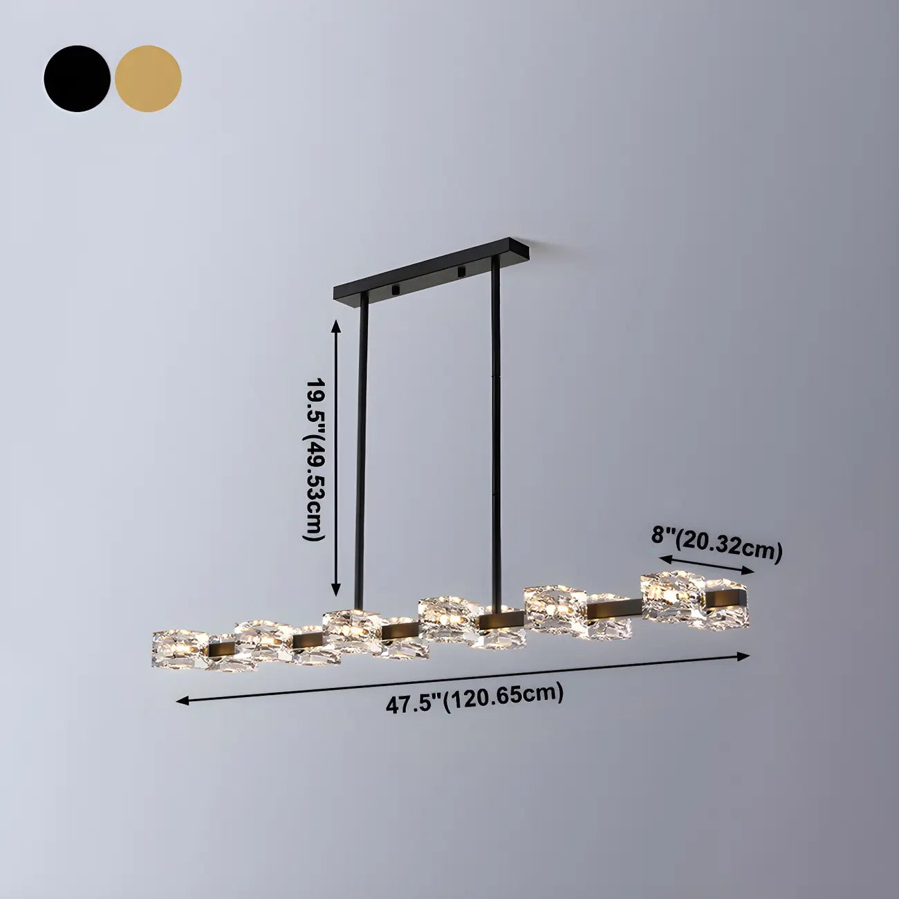 Lustre rectangulaire en cristal doré/noir réglable pour îlot central