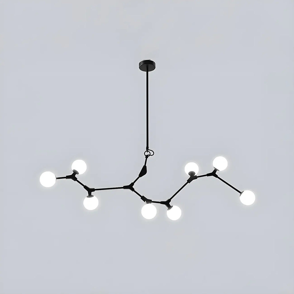 Lustre moderne à 8 lumières avec globe et branches noires, style îlot.