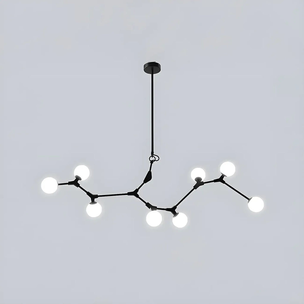 Lustre moderne à 8 lumières avec globe et branches noires, style îlot.