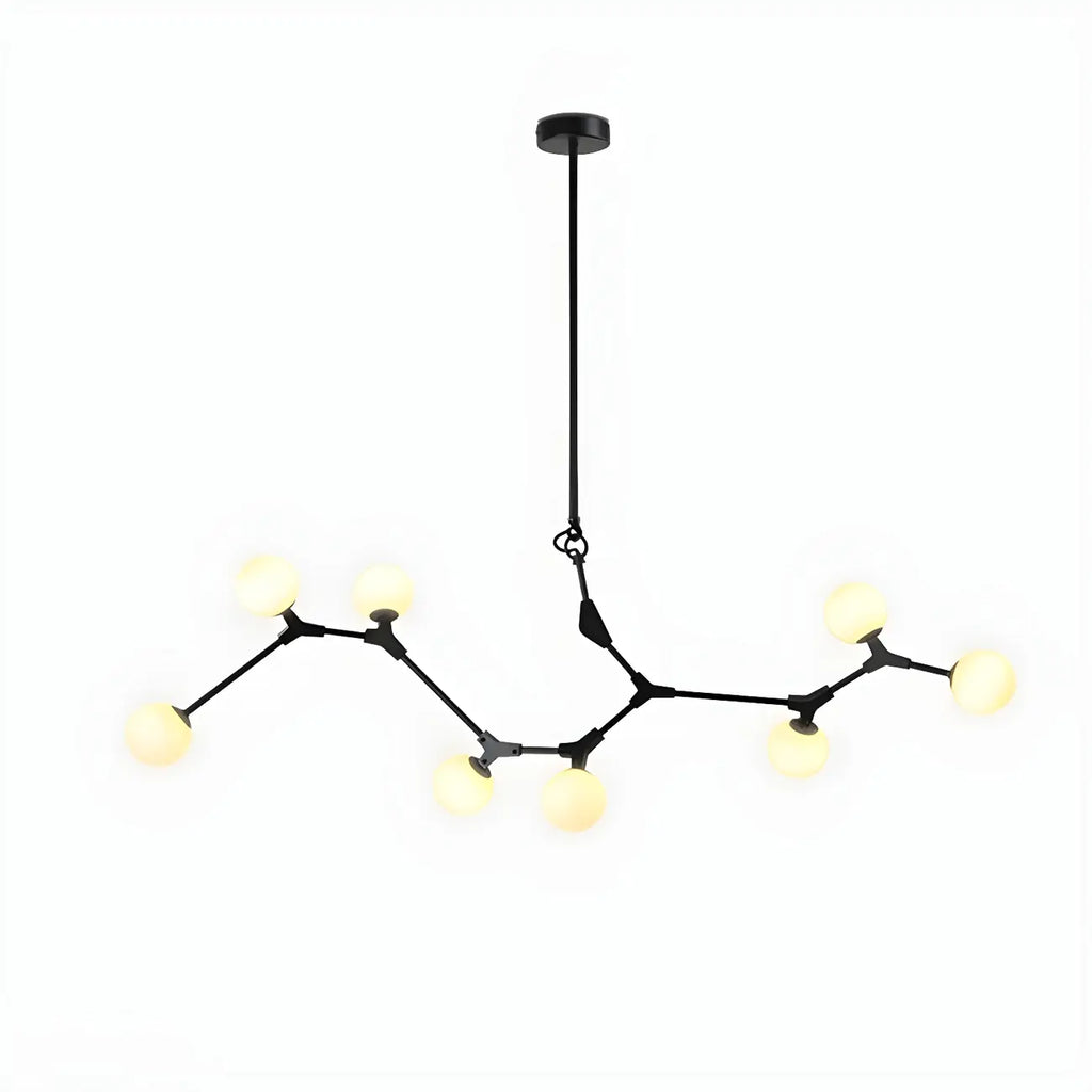 Lustre moderne à 8 lumières avec globe et branches noires, style îlot.