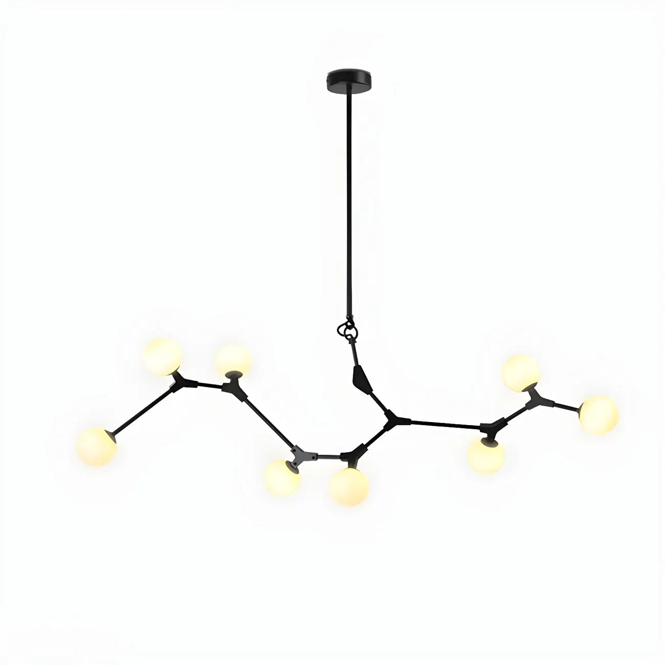 Lustre moderne à 8 lumières avec globe et branches noires, style îlot.
