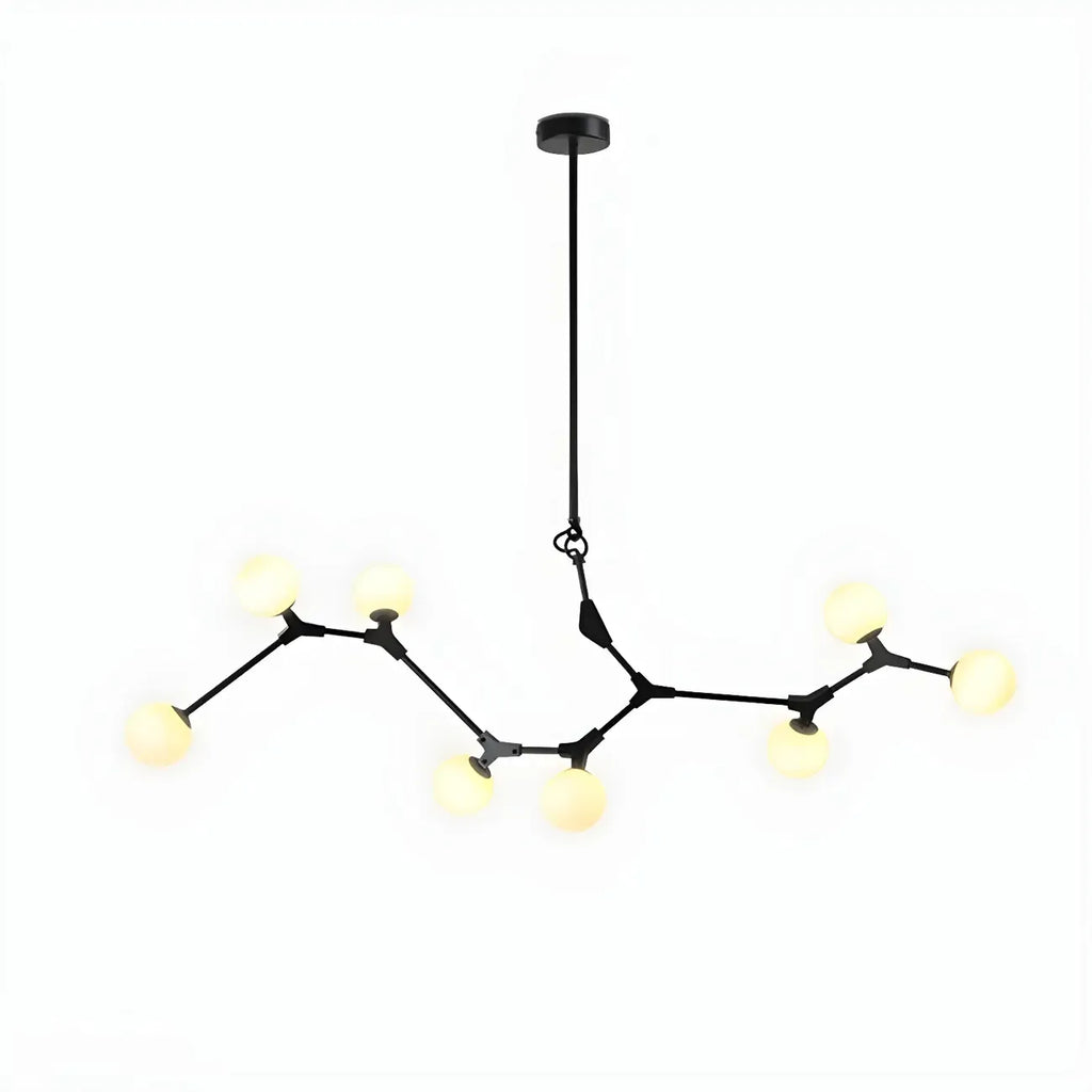 Lustre moderne à 8 lumières avec globe et branches noires, style îlot.