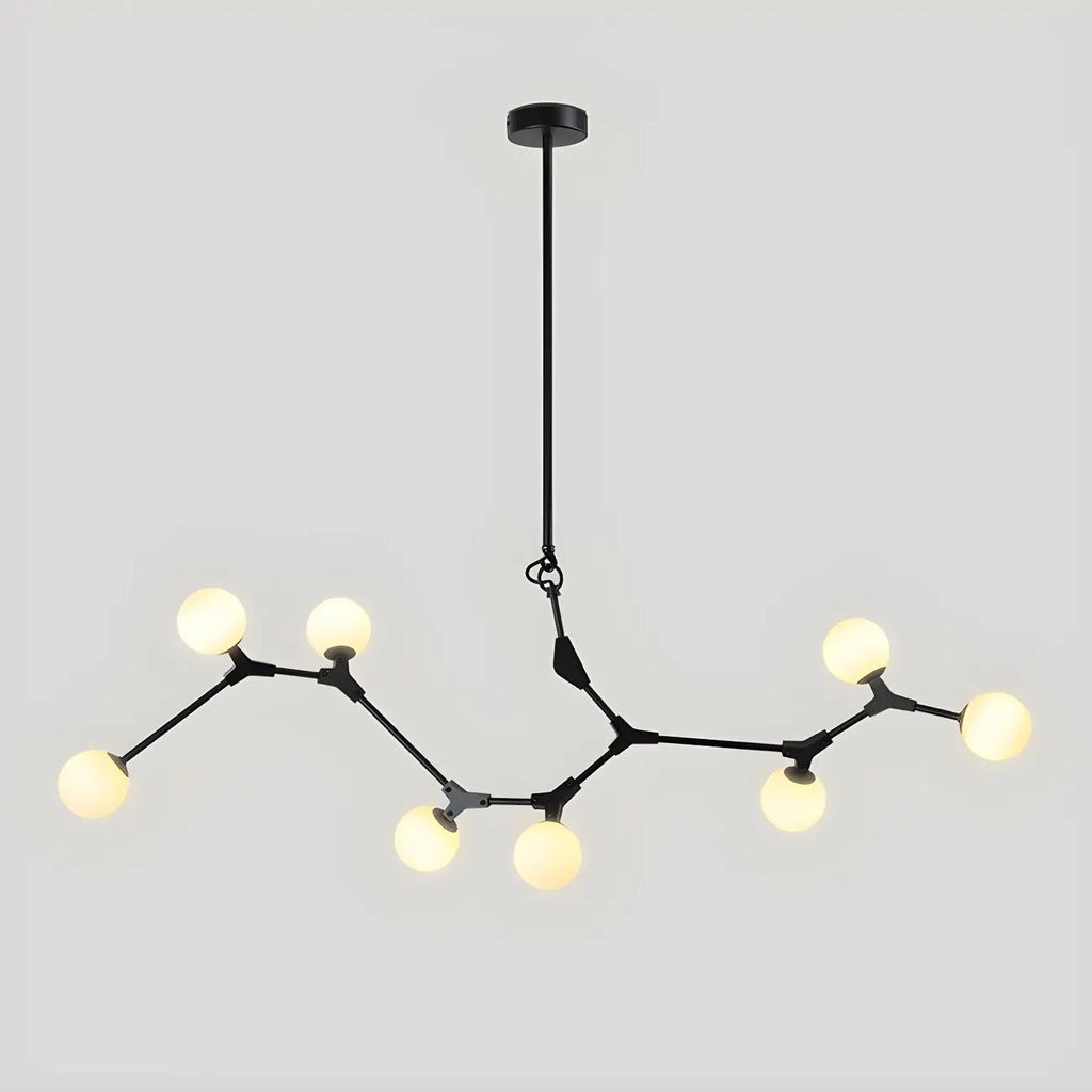 Lustre moderne à 8 lumières avec globe et branches noires, style îlot.