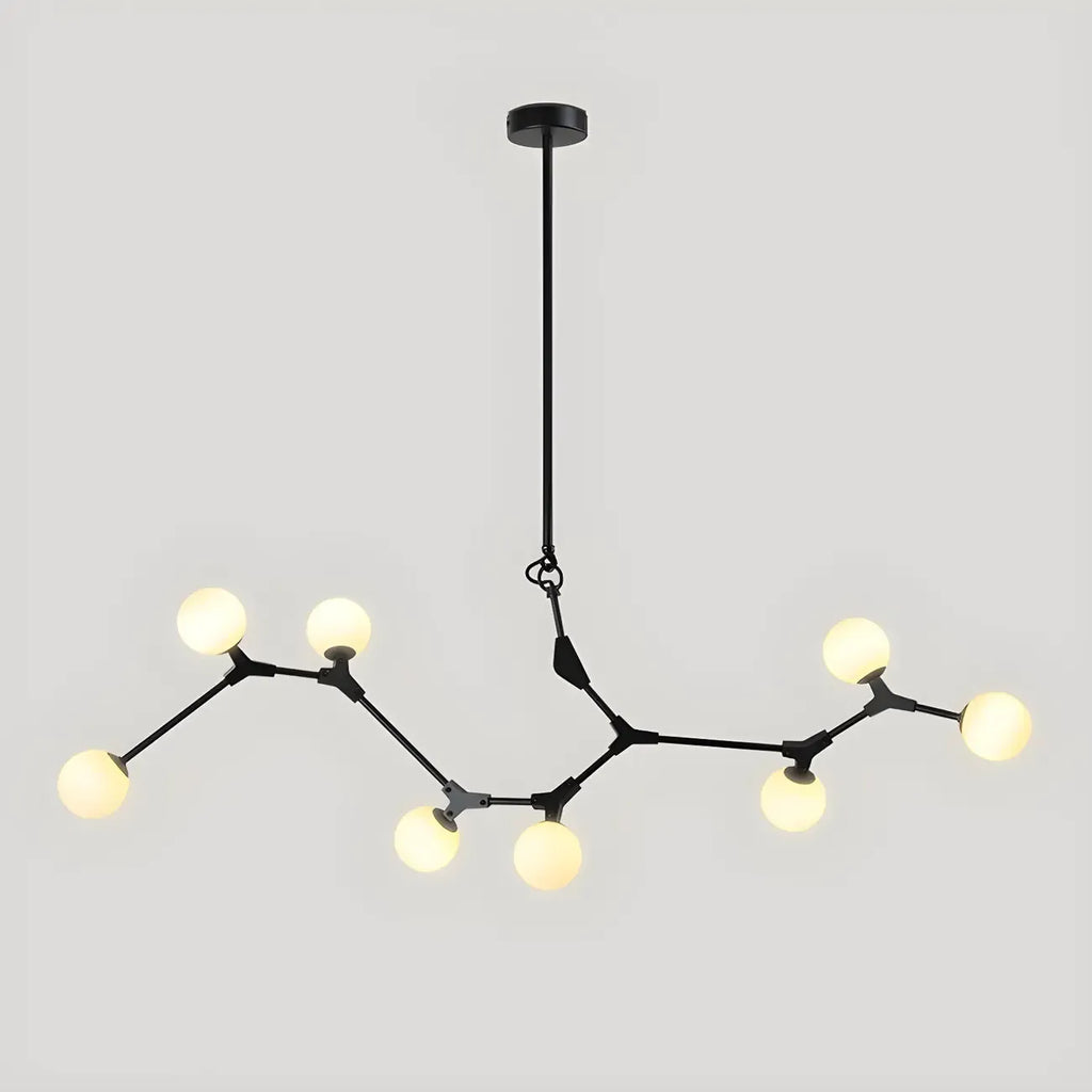 Lustre moderne à 8 lumières avec globe et branches noires, style îlot.