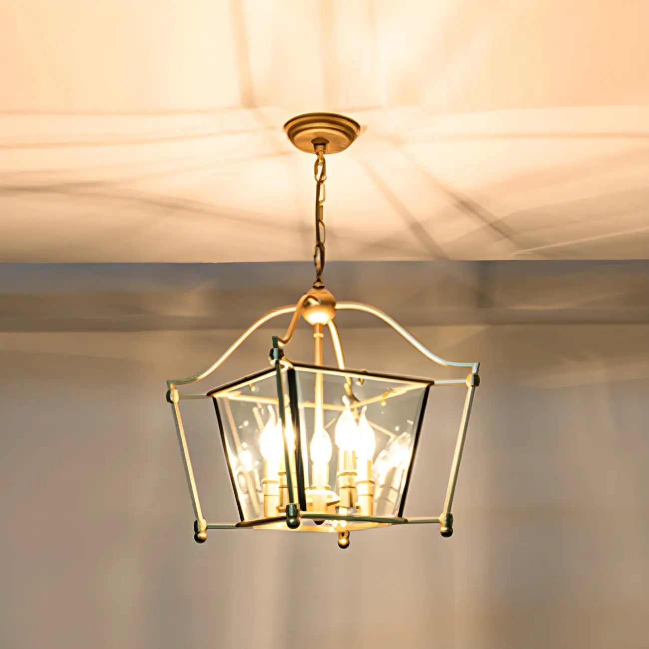 Lustre de cuisine carré en verre doré réglable avec bougie intégrée