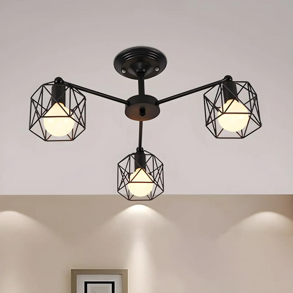 Plafonnier semi-encastré industriel en métal noir, 3/5 lumières