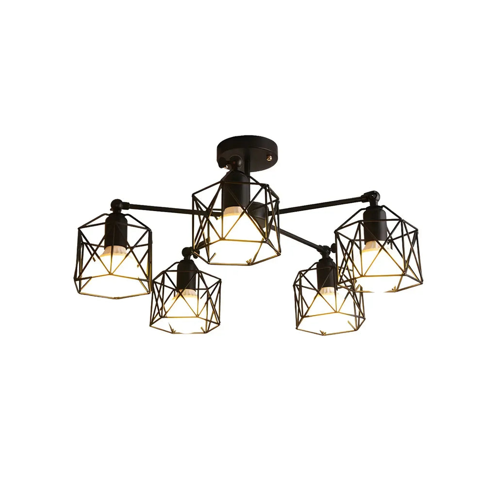 Plafonnier semi-encastré industriel en métal noir, 3/5 lumières