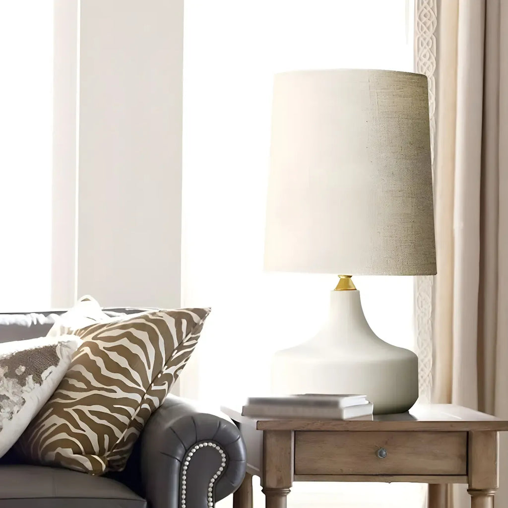 Lampe de chevet moderne en céramique en forme de tonneau avec abat-jour en lin