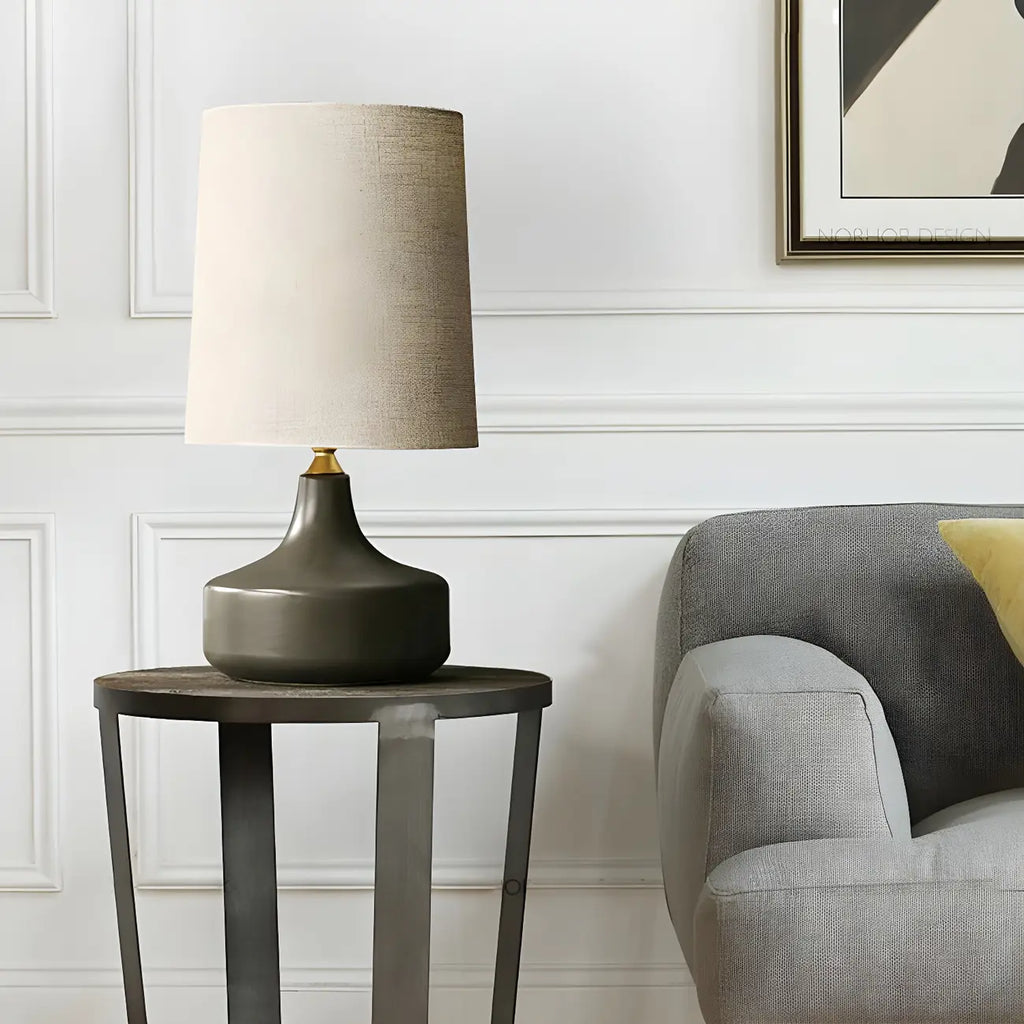Lampe de chevet moderne en céramique en forme de tonneau avec abat-jour en lin