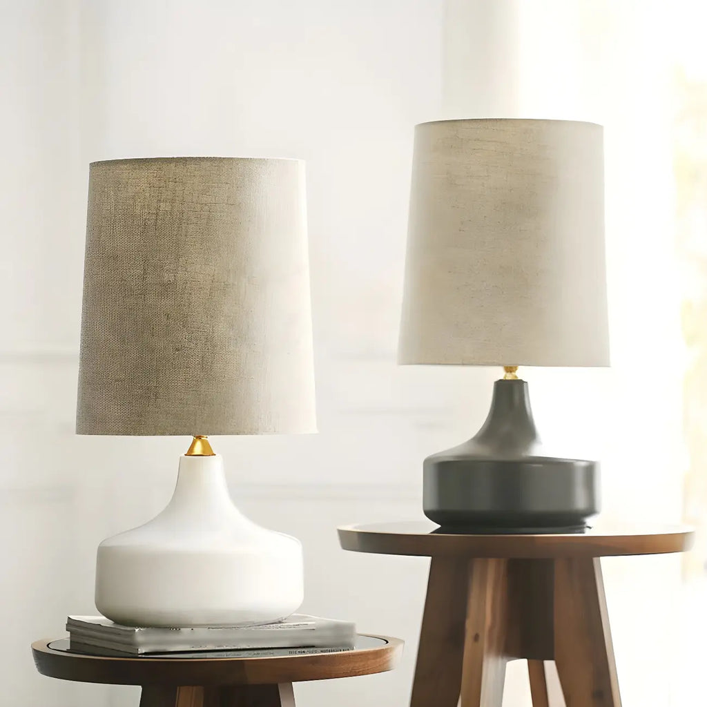 Lampe de chevet moderne en céramique en forme de tonneau avec abat-jour en lin