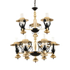 Lustre suspendu vintage en forme de lanterne dorée à 9 lumières, en verre côtelé transparent, avec un design à 2 niveaux.