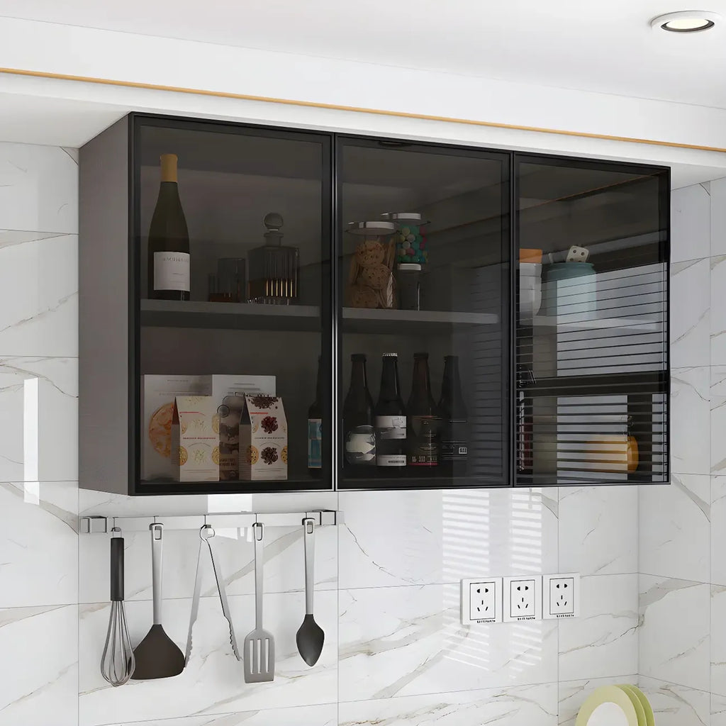 Vitrine suspendue en bois avec portes vitrées