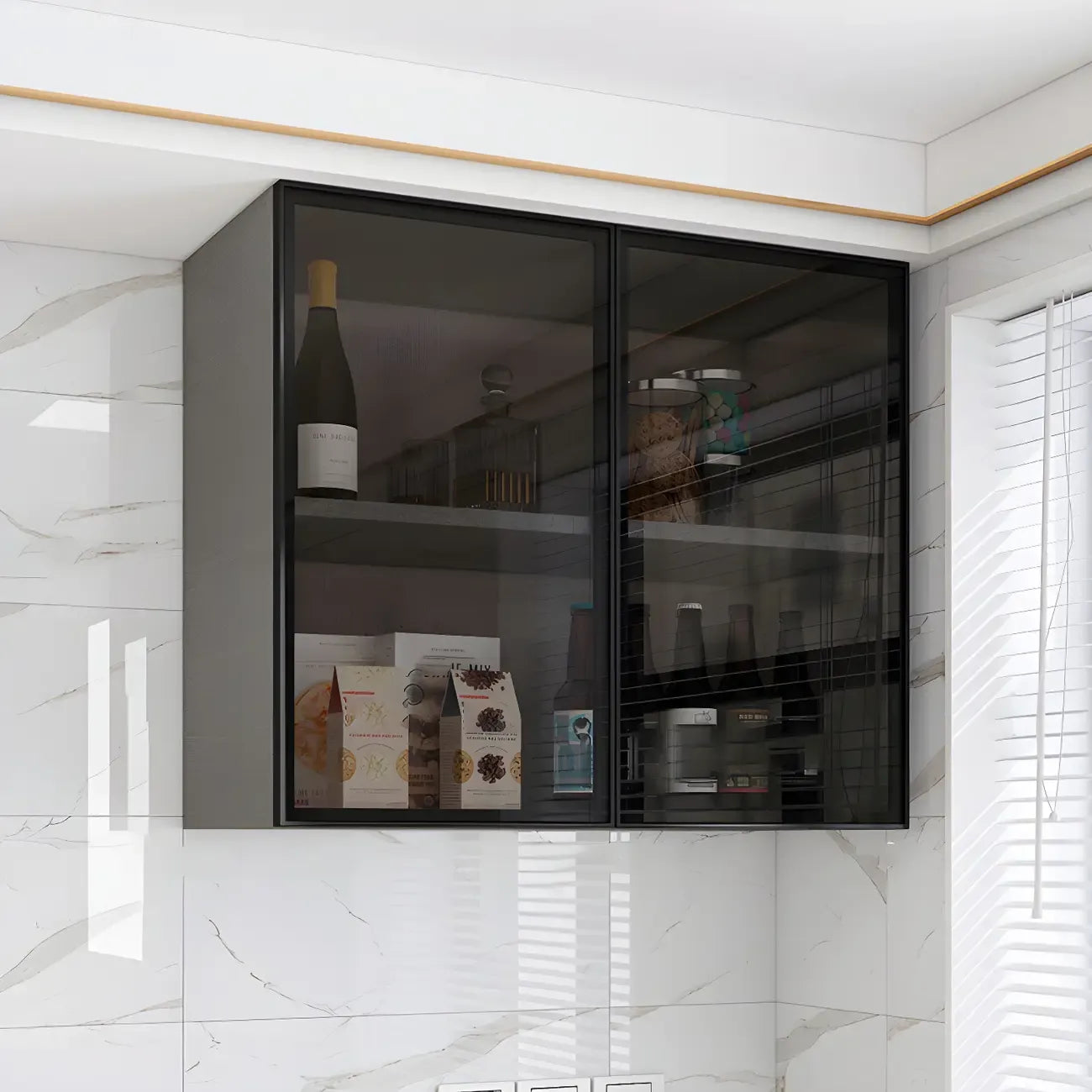 Vitrine suspendue en bois avec portes vitrées