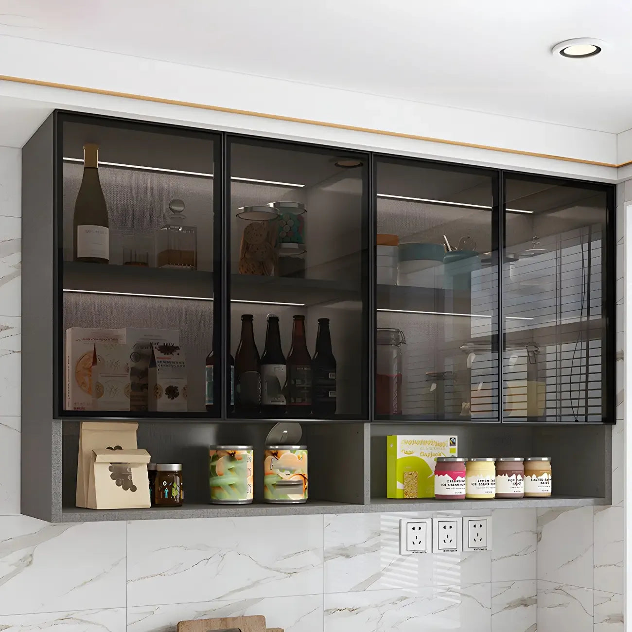 Vitrine suspendue en bois avec portes vitrées