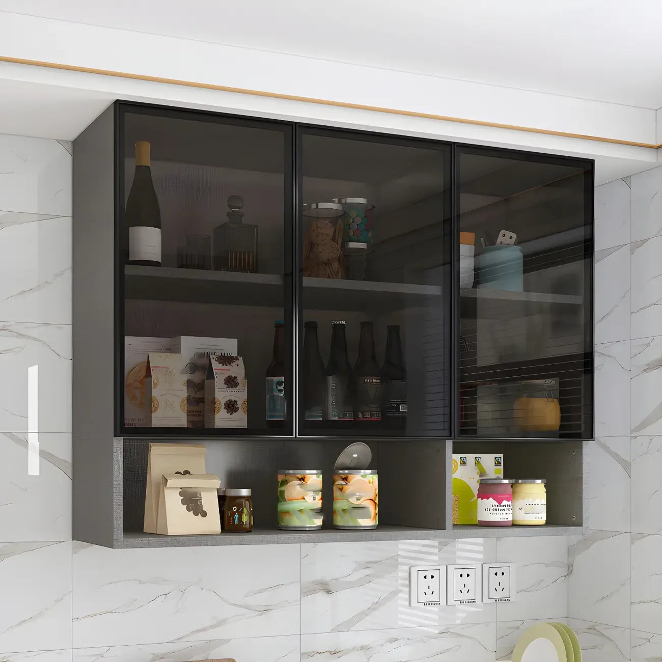 Vitrine suspendue en bois avec portes vitrées