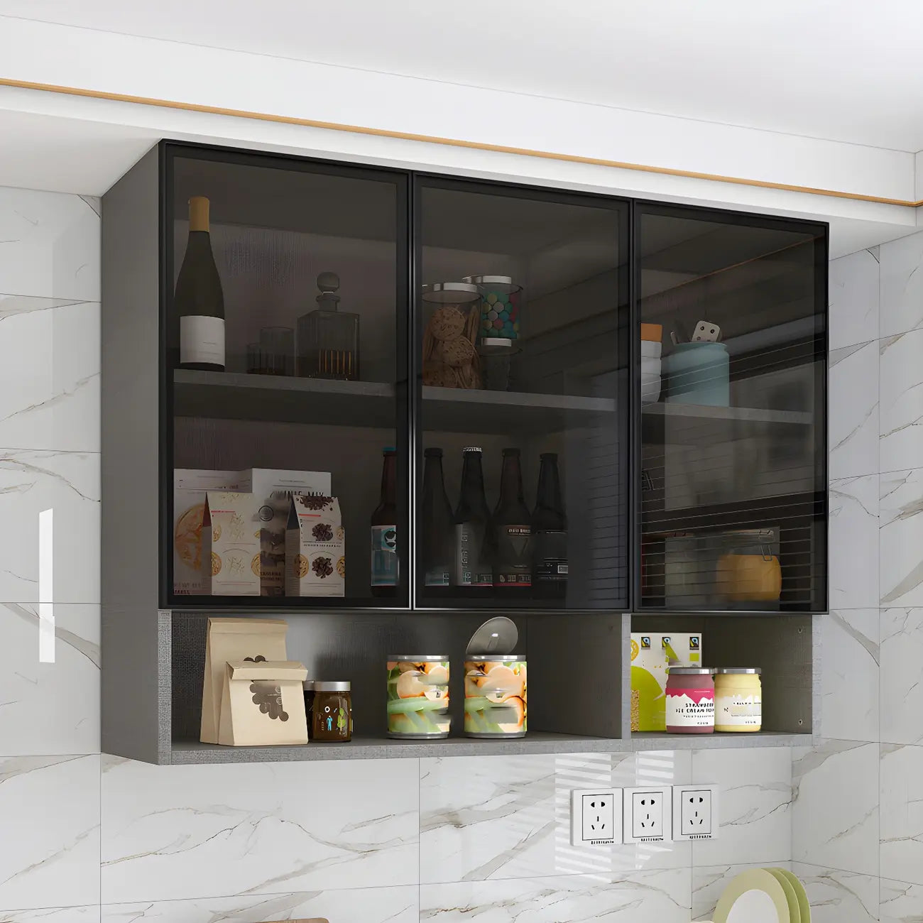 Vitrine suspendue en bois avec portes vitrées
