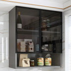 Vitrine suspendue en bois avec portes vitrées