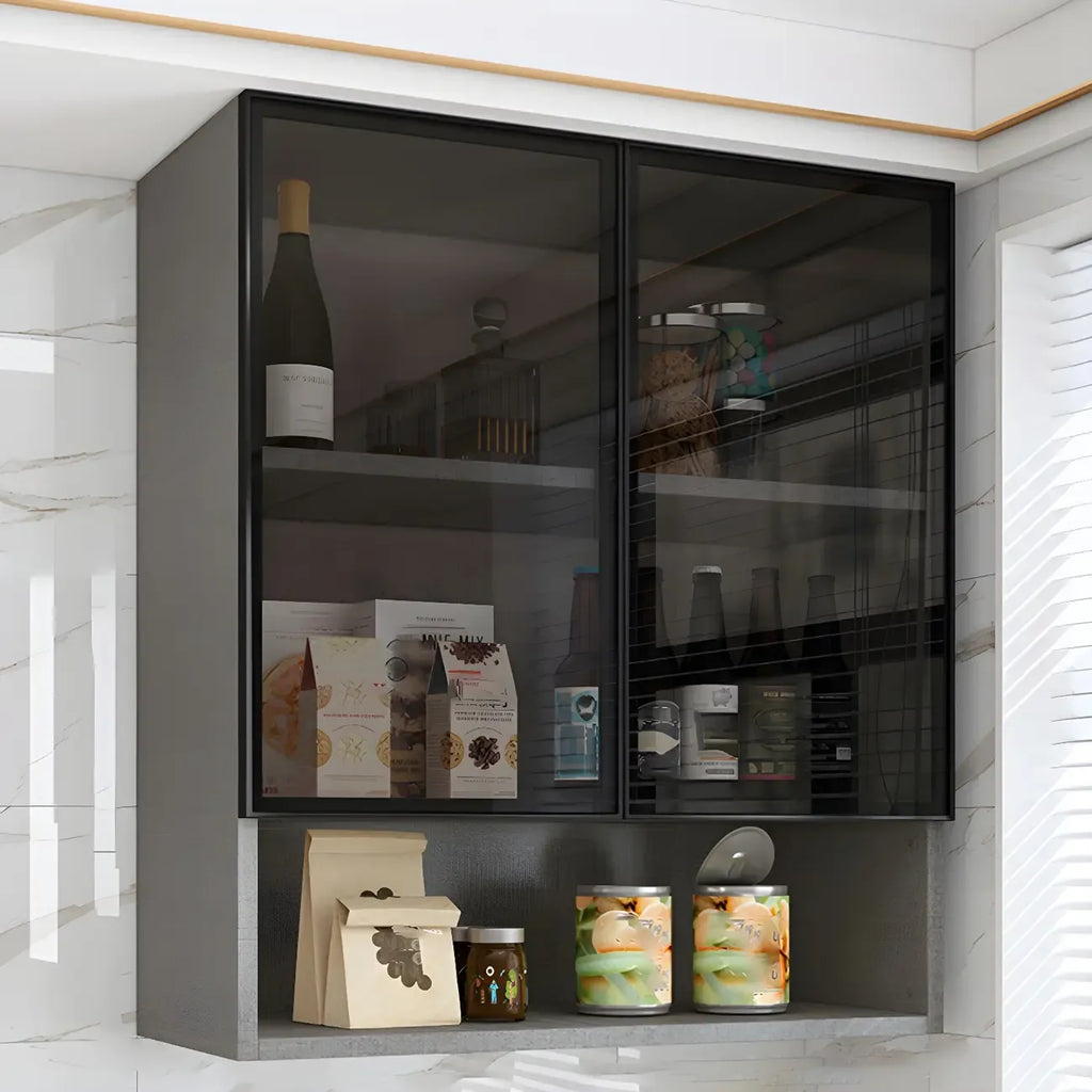 Vitrine suspendue en bois avec portes vitrées