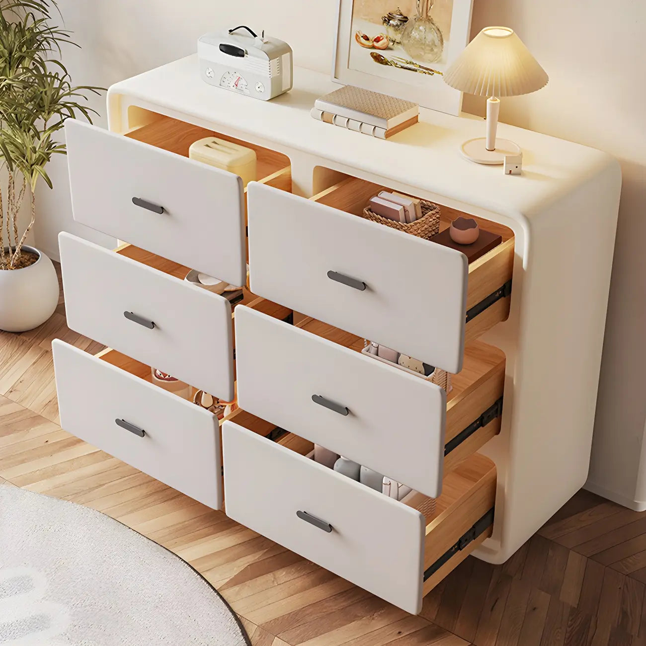 Commode élégante en bois blanc avec 6 tiroirs de rangement