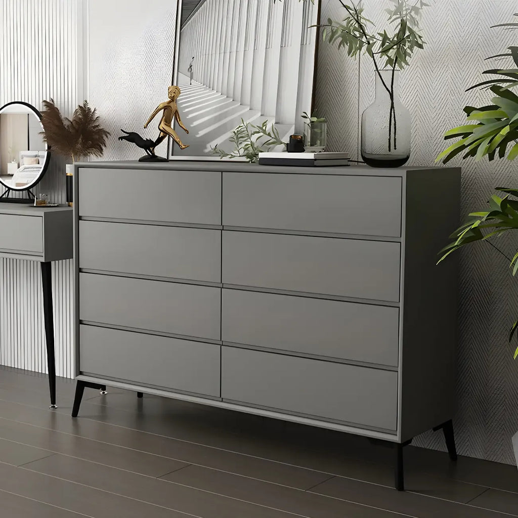 Commode minimaliste grise à 8 tiroirs en bois massif