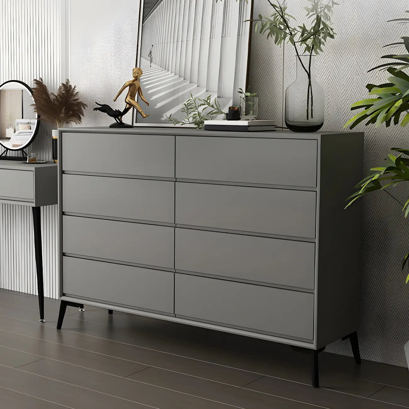 Commode minimaliste grise à 8 tiroirs en bois massif